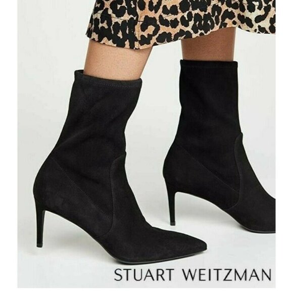 Stuart Weitzman Wren Pointed Toe Heel Ankle Sock Boots Black Suede US 4.5 Spain - Picture 1 of 9